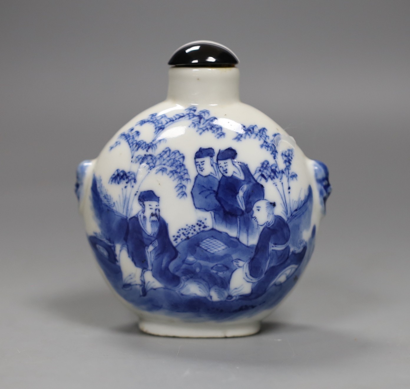 A large Chinese blue and white ‘scholars’ snuff bottle, 19th century, 9 cm high excluding later stopper